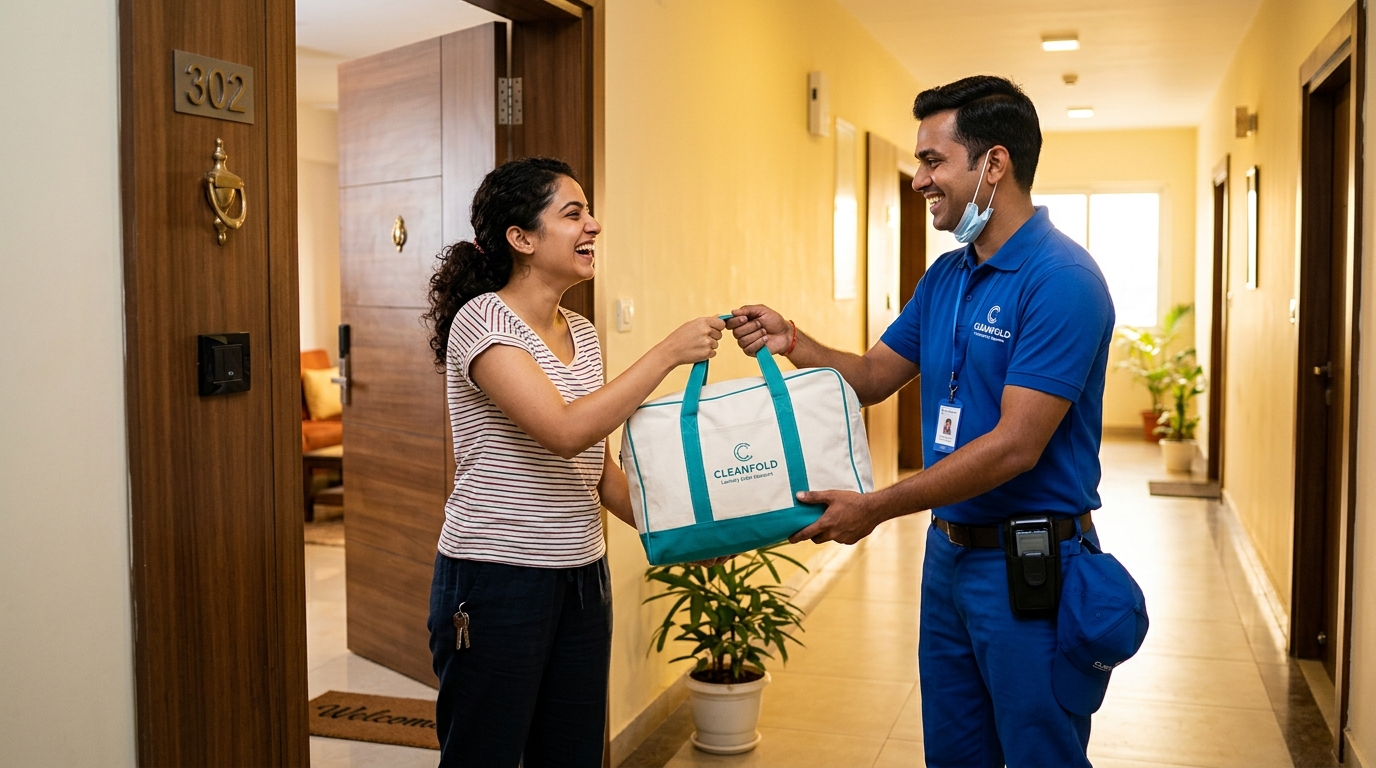 Indian delivery executive handing fresh laundry bag to smiling customer at doorstep